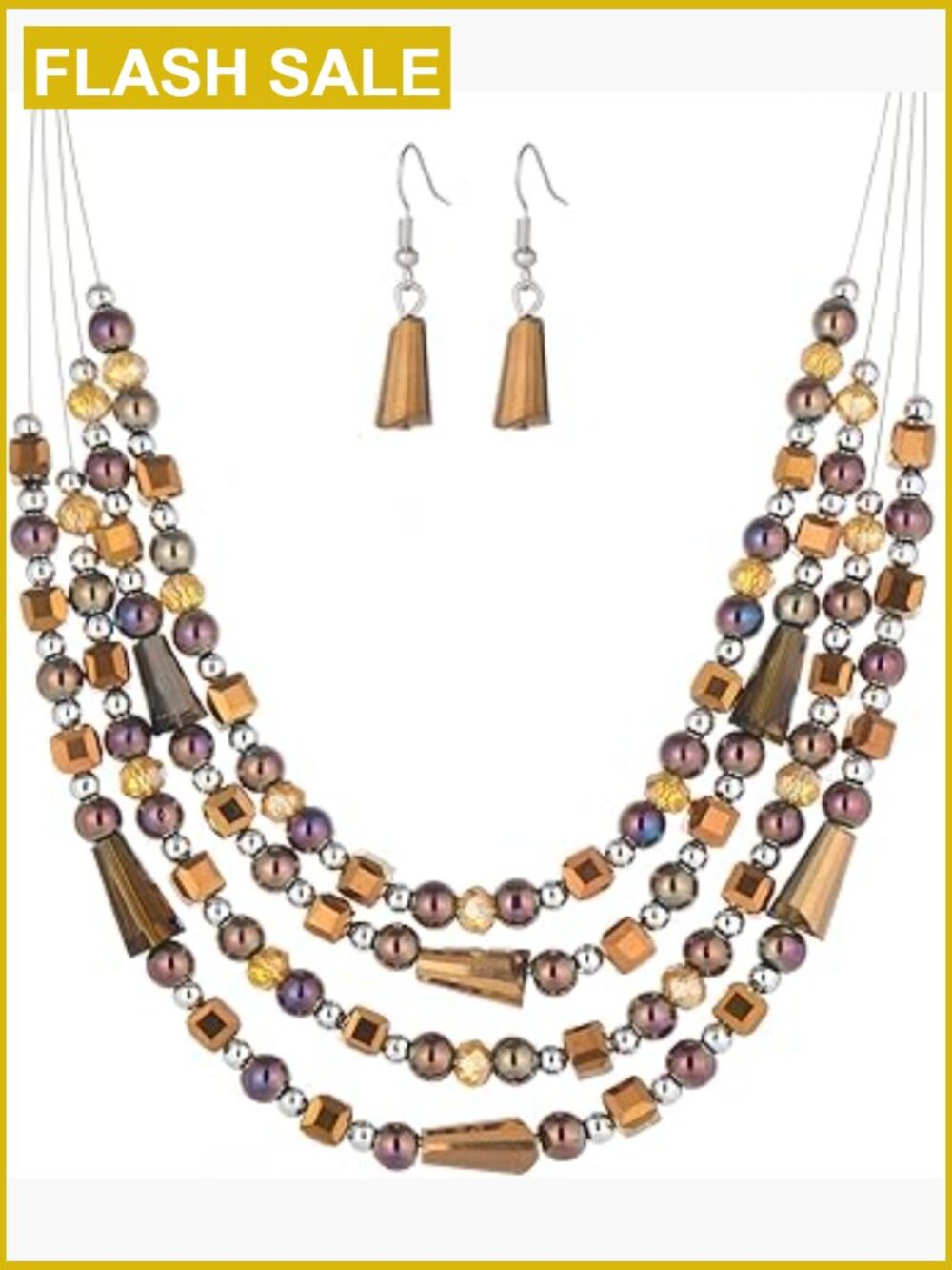 Layered Beaded Statement Necklace and Earring Set - Multi Strand Crystal Collar